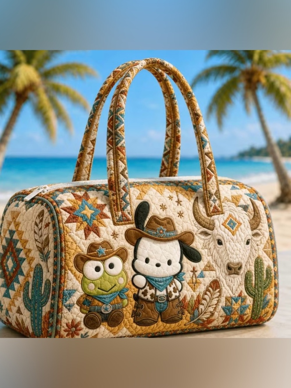 Sanrio Quilted Western  Pachacco and Kuroppi Duffle Bag - Cream, Brown, Teal